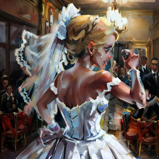 a painting of a woman in a wedding dress in a room full of people and a man in a suit
