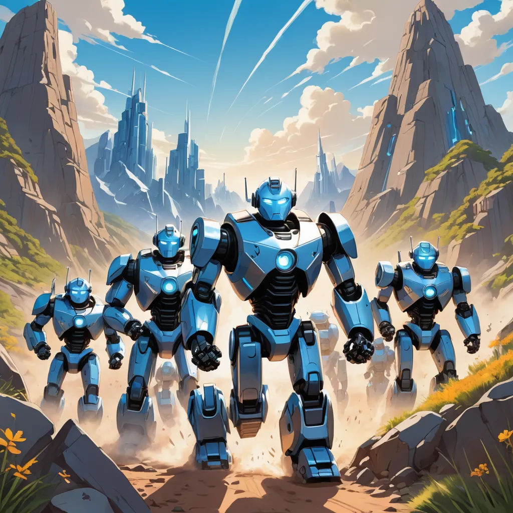 a group of robots walking through a desert landscape with a mountain in the background and a blue sky in the background, antipodeans, concept art, Brothers Hildebrandt, official art