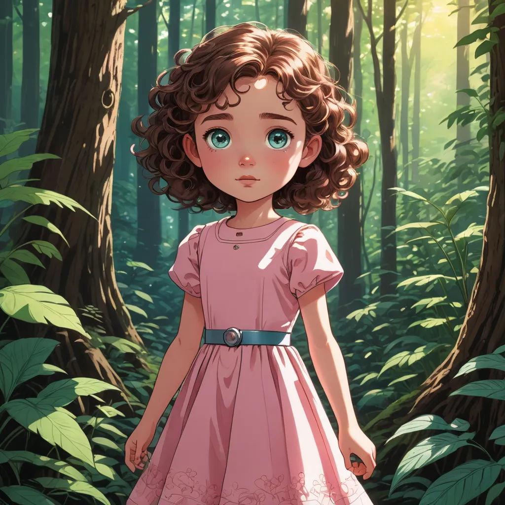 a girl in a pink dress standing in a forest with a blue eye and a brown hair and a blue belt, fantasy art, a character portrait, Clarice Beckett, cushart krenz