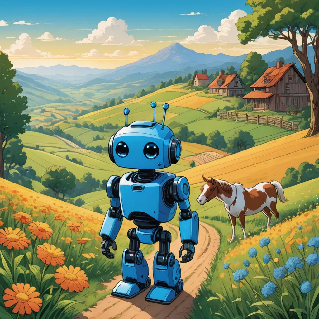 a blue robot standing in a field next to a horse and a barn in the background with a mountain range in the background, les automatistes, a storybook illustration, Andries Stock, robot