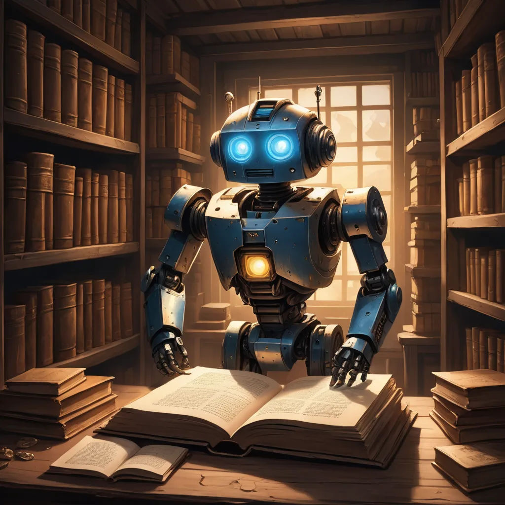 a robot reading a book in a library with a window and bookshelves behind it, with a light on, altermodern, a storybook illustration, Dan Mumford, robot