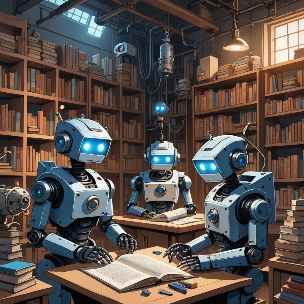 two robots are sitting at a desk in a library with books and a bookcase full of books and a lamp, les automatistes, a computer rendering, Dan Mumford, robots