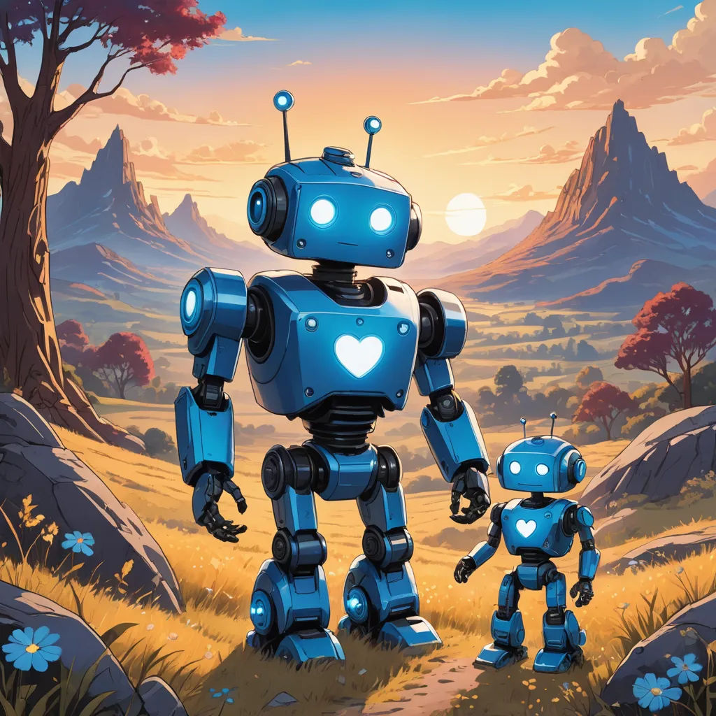 a robot and a baby robot walking through a field of grass and flowers with a mountain in the background, les automatistes, a storybook illustration, Dan Mumford, josan gonzales and dan mumford