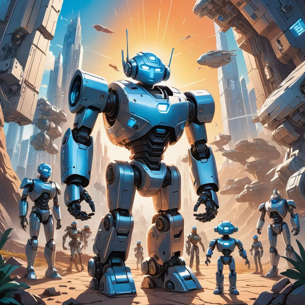 a group of robots standing in front of a city with tall buildings and a giant robot in the middle, antipodeans, concept art, Dan Mumford, rossdraws global illumination