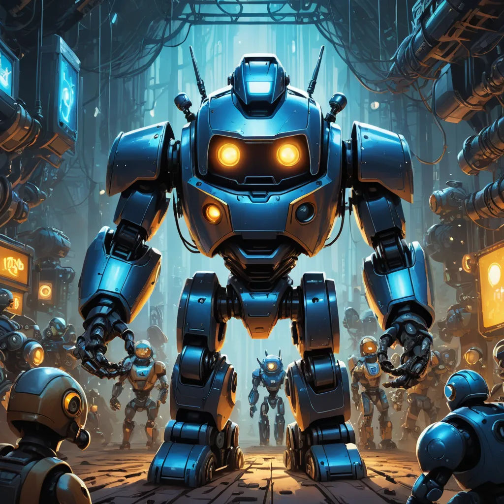 a robot with glowing eyes standing in a room with other robots in the background and a man in the foreground, antipodeans, concept art, Dan Mumford, 2 d game art
