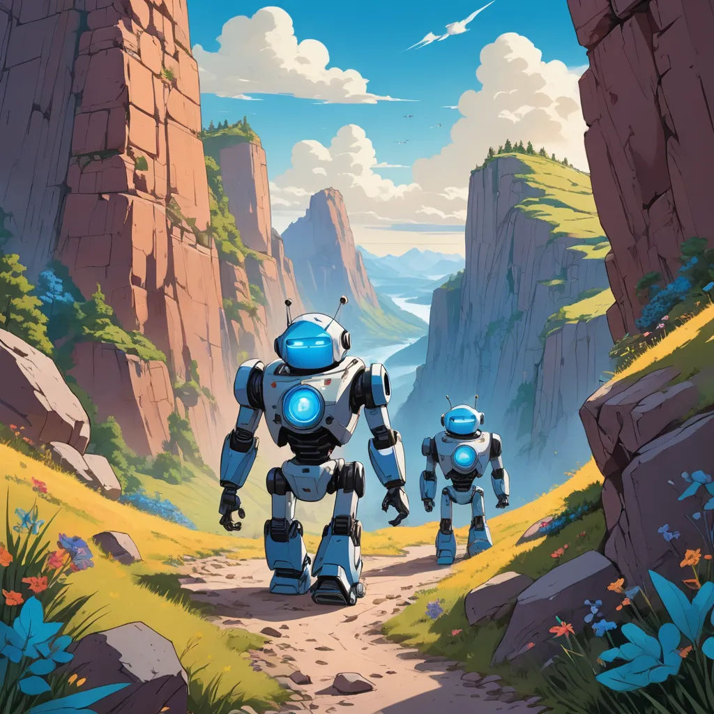 a group of robots walking down a dirt road next to a mountain range in a cartoon style with a sky background, les automatistes, poster art, Chris LaBrooy, rossdraws global illumination