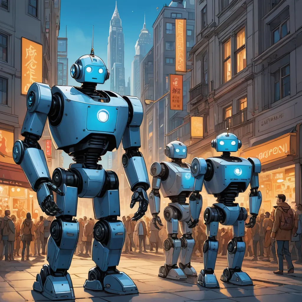 a group of robots standing in front of a crowd of people on a city street at night with buildings in the background, les automatistes, concept art, Dan Mumford, robots