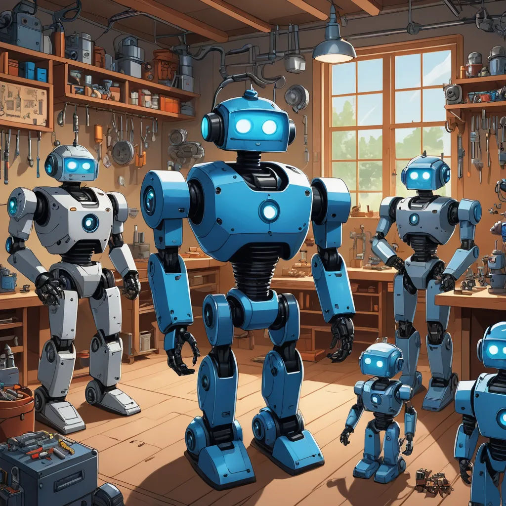 a group of robots standing in a kitchen next to a window with a clock on it's face, les automatistes, a storybook illustration, Brothers Hildebrandt, robots