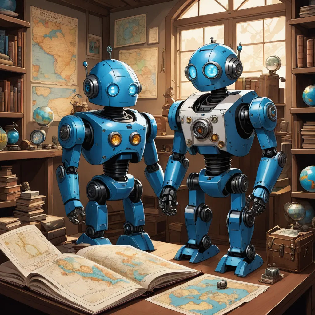 a couple of blue robots standing next to each other on a desk in a room with books and a map, les automatistes, computer graphics, Chris LaBrooy, rossdraws global illumination