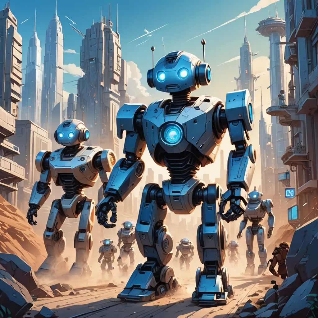 a group of robots walking through a city with tall buildings in the background and a robot in the foreground, sots art, concept art, Dan Mumford, robots