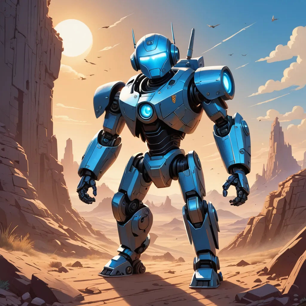 a robot standing in a desert area with a sky background and clouds in the background, with a sun setting behind it, altermodern, concept art, Aaron Jasinski, rossdraws global illumination