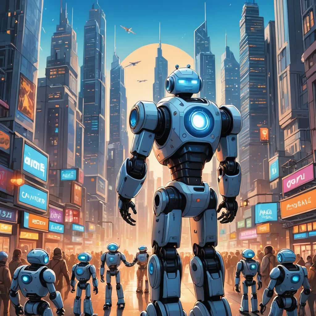 a robot standing in a city with many people around it and a full moon in the background with buildings, futurism, poster art, Dan Mumford, dan mumford. octane render