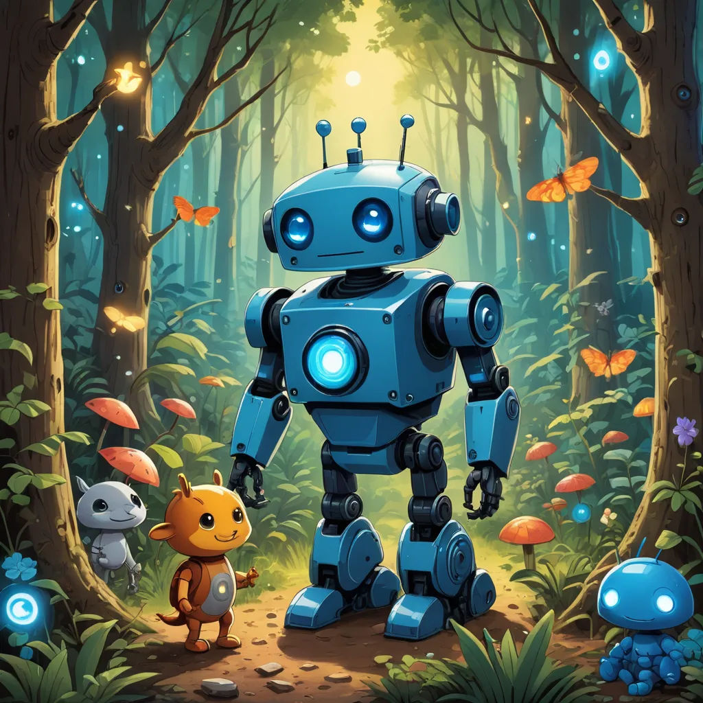 a robot and a mouse in a forest with mushrooms and butterflies on the ground and a forest with mushrooms and butterflies, sots art, a storybook illustration, Chris LaBrooy, 2 d game art