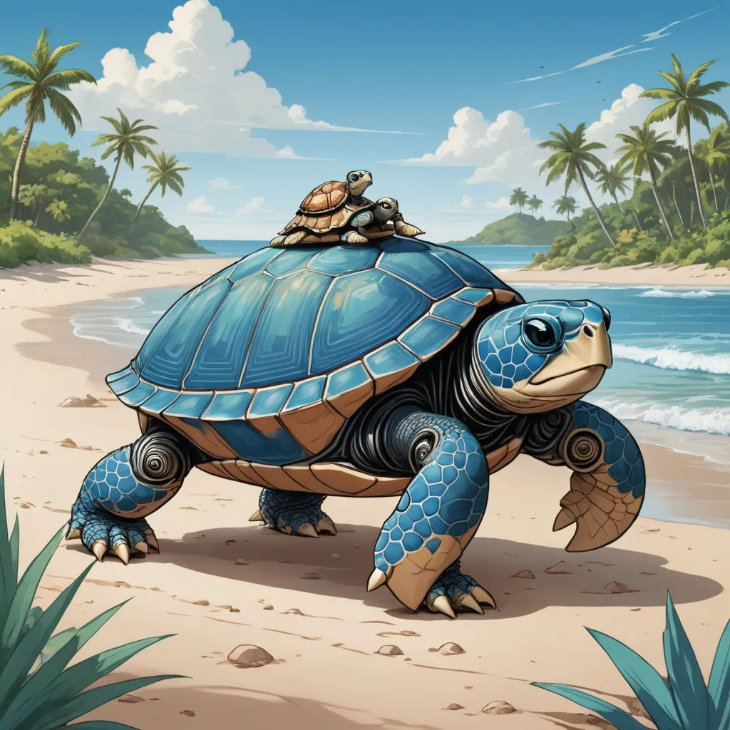 a turtle on a beach with a sky background and palm trees in the background, and a blue sky with clouds, sots art, a detailed painting, Chris LaBrooy, magic the gathering artwork