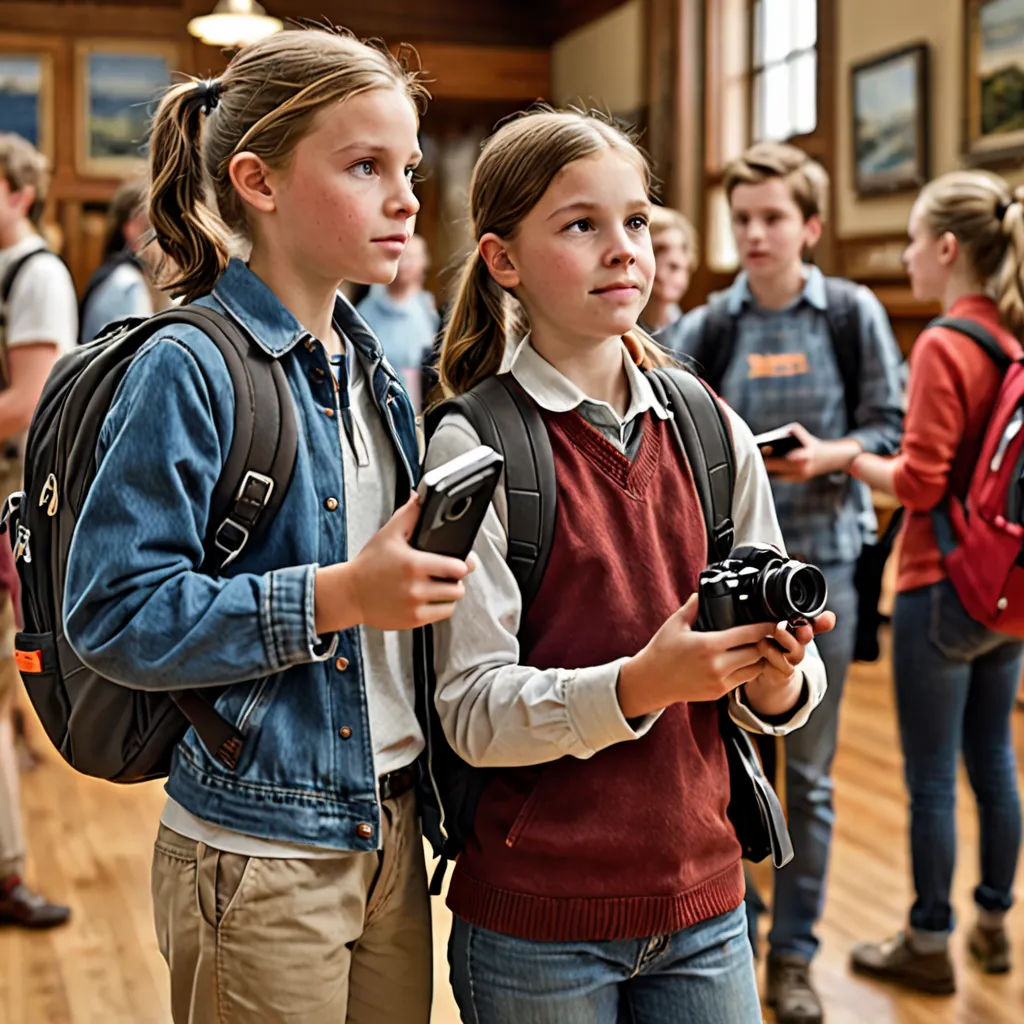 two girls are standing in a room with other children and taking pictures of them with cameras and video equipment, heidelberg school, a stock photo, David Teniers III, canon eos r 3