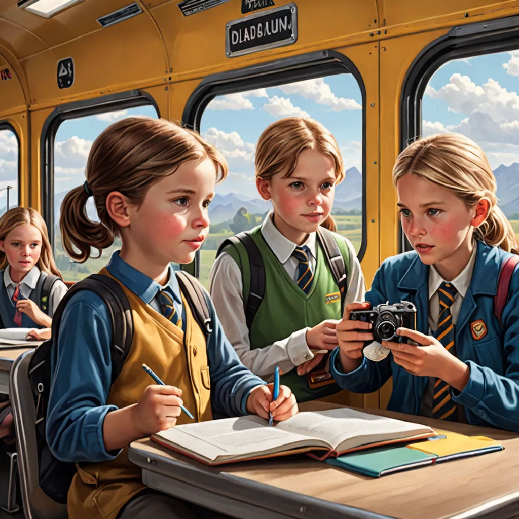 a painting of three girls sitting at a table with a camera and a book in front of them,, fantastic realism, a photorealistic painting, Bob Byerley, highly detailed digital painting