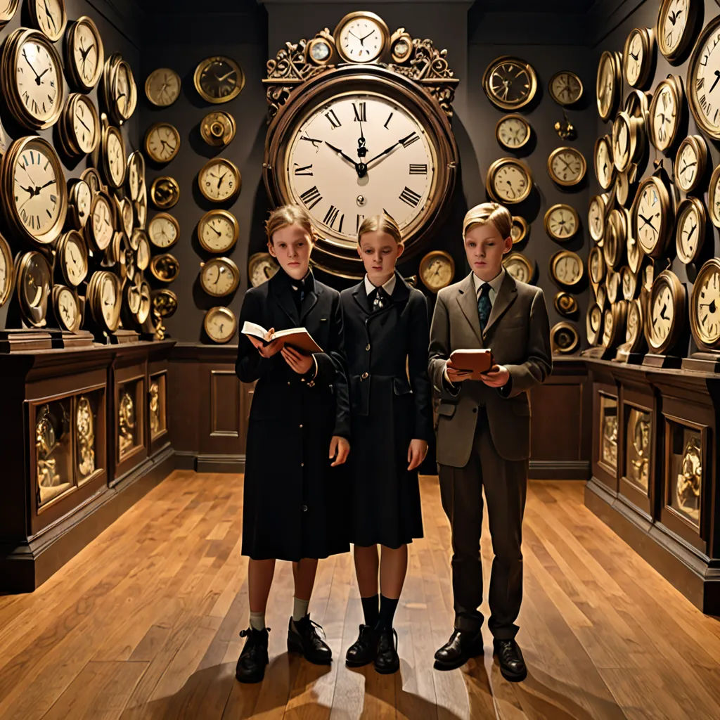 three children standing in front of a wall of clocks with a book in front of them and a book in front of them, arts and crafts movement, a detailed matte painting, Carel Willink, promotional image