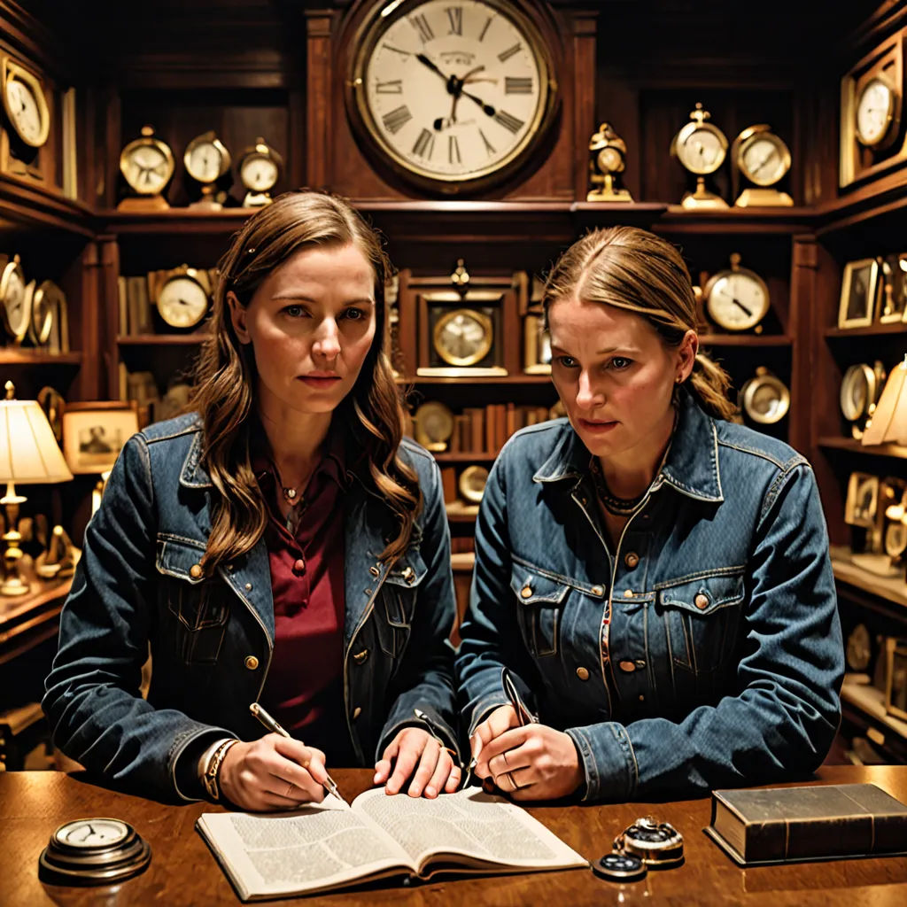 two women sitting at a desk with a book and pen in front of them, in front of a wall of clocks, international gothic, a stock photo, Clarice Beckett, promotional image