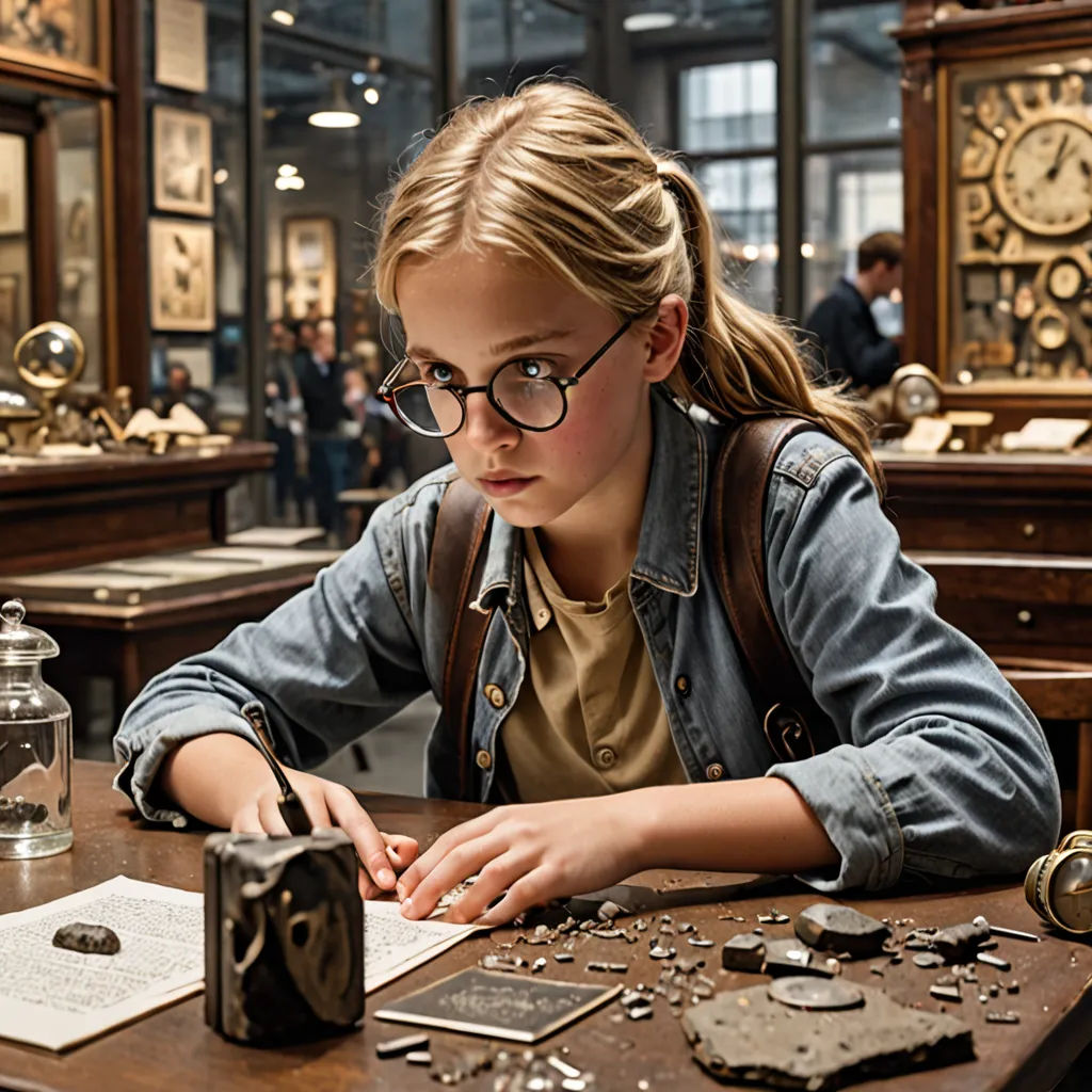 a girl sitting at a table with a camera and a book in front of her and a clock on the wall, arbeitsrat für kunst, a detailed matte painting, David Teniers III, promotional image