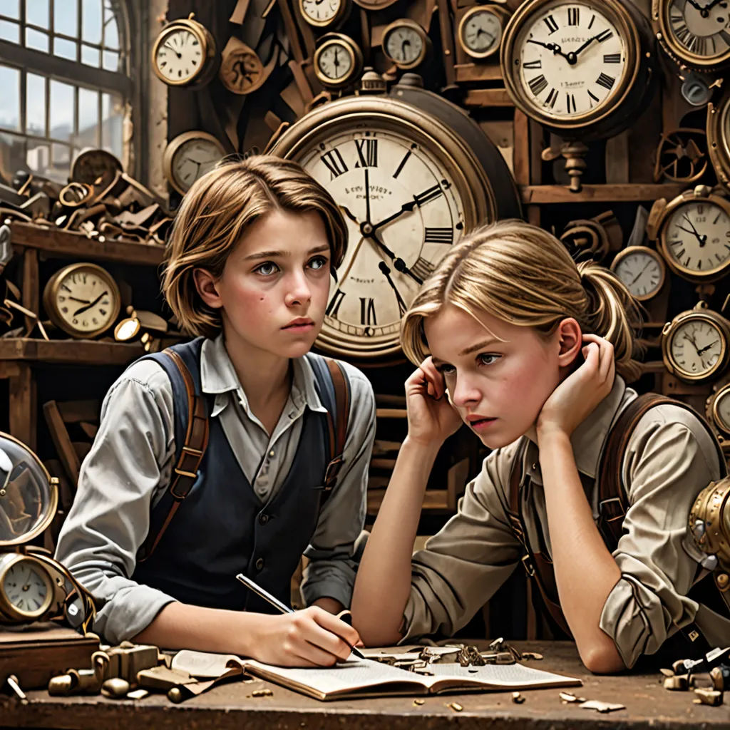 two girls sitting at a table with lots of clocks behind them and a book in front of them,, les automatistes, a detailed matte painting, Cliff Childs, promotional image