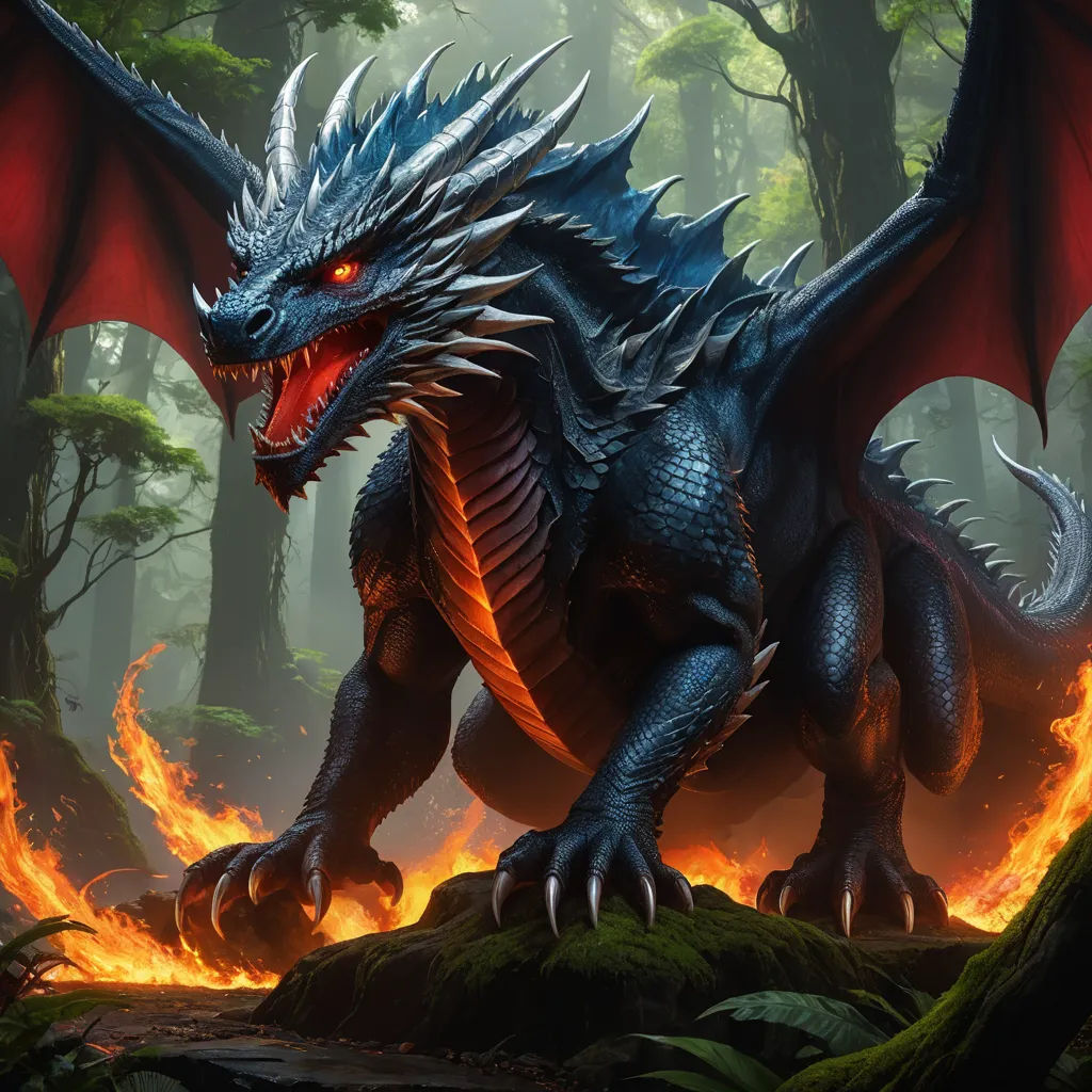 a dragon with red eyes and a black body is standing in a forest with flames and trees in the background, fantasy art, concept art, Clint Cearley, dragon art