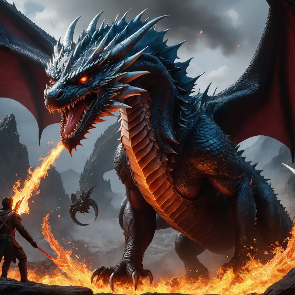 a dragon and a man in front of a fire breathing dragon in a fantasy setting with a man standing on a rock, fantasy art, concept art, Clint Cearley, dragon art