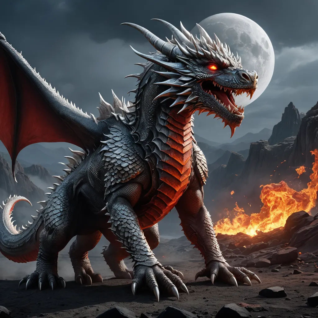 a dragon with red eyes and a red tail is standing in front of a mountain with a full moon, fantasy art, an ambient occlusion render, Clint Cearley, dragon art