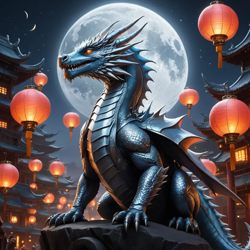 a dragon statue sitting on top of a rock in front of a full moon sky with lanterns in the background, fantasy art, concept art, Anne Stokes, dragon art