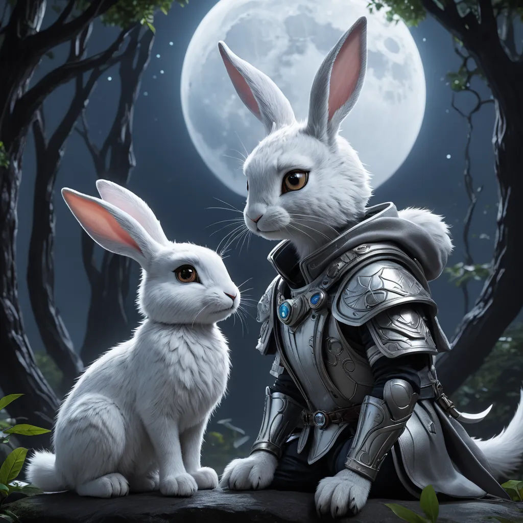 a rabbit and a rabbit dressed up as knights in front of a full moon with trees and bushes in the background, fantasy art, concept art, Clint Cearley, fantasy artwork
