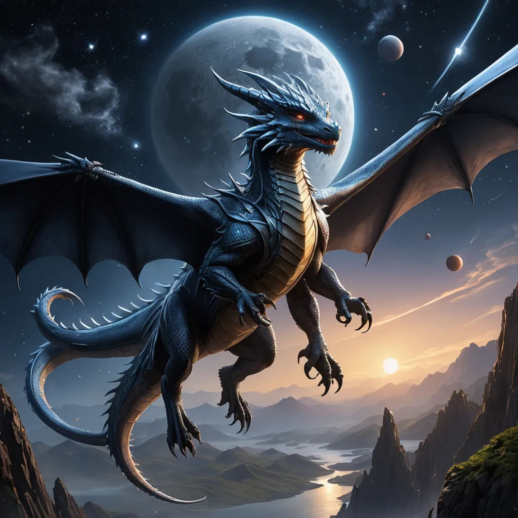 a dragon flying over a mountain with a full moon in the background and a lake below it with a mountain range in the foreground, fantasy art, an airbrush painting, Anne Stokes, dragon art