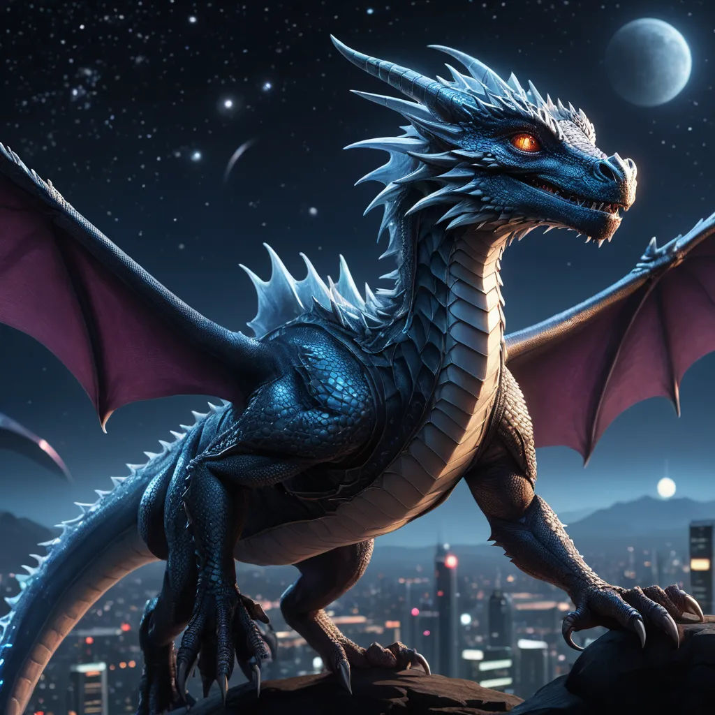 a dragon with red eyes standing on a rock in front of a cityscape at night with a full moon, fantasy art, an airbrush painting, Chris LaBrooy, dragon art