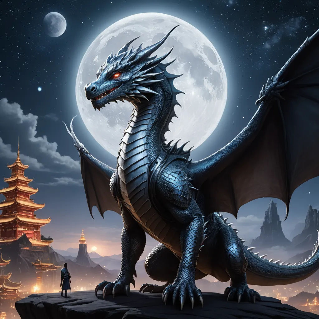 a dragon statue on a cliff with a full moon in the background and a man standing on a cliff, fantasy art, a storybook illustration, Anne Stokes, dragon art