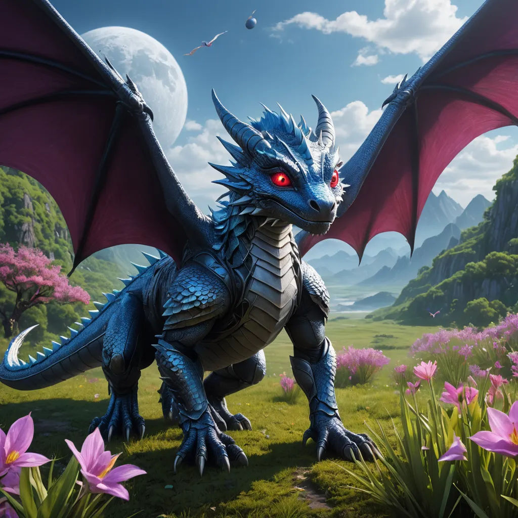 a dragon with red eyes standing in a field of flowers and flowers in front of a full moon sky, fantasy art, concept art, Chris LaBrooy, unreal 5