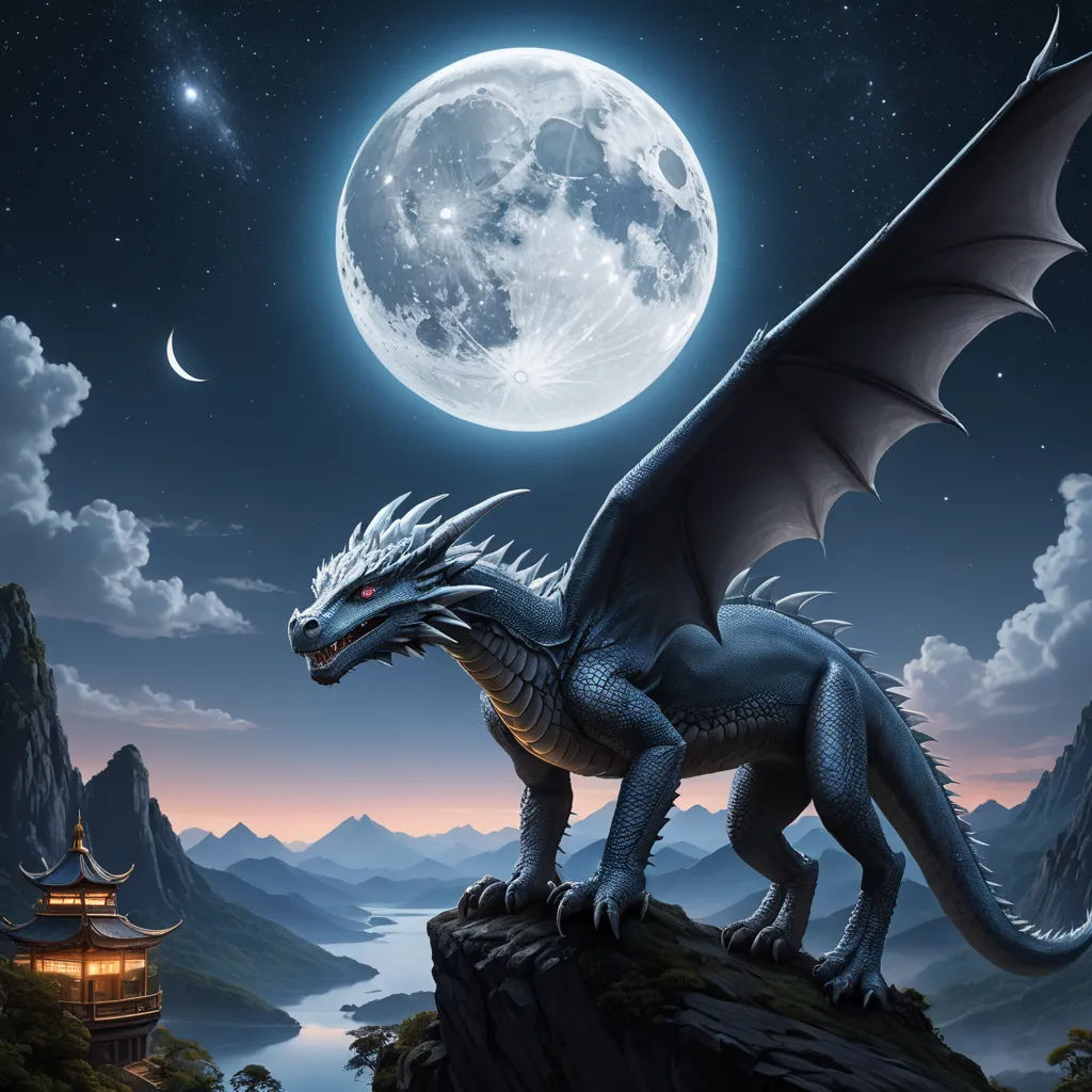 a dragon is standing on a rock in front of a full moon and a pagoda in the background with a pagoda in the foreground, fantasy art, a storybook illustration, Anne Stokes, dragon art