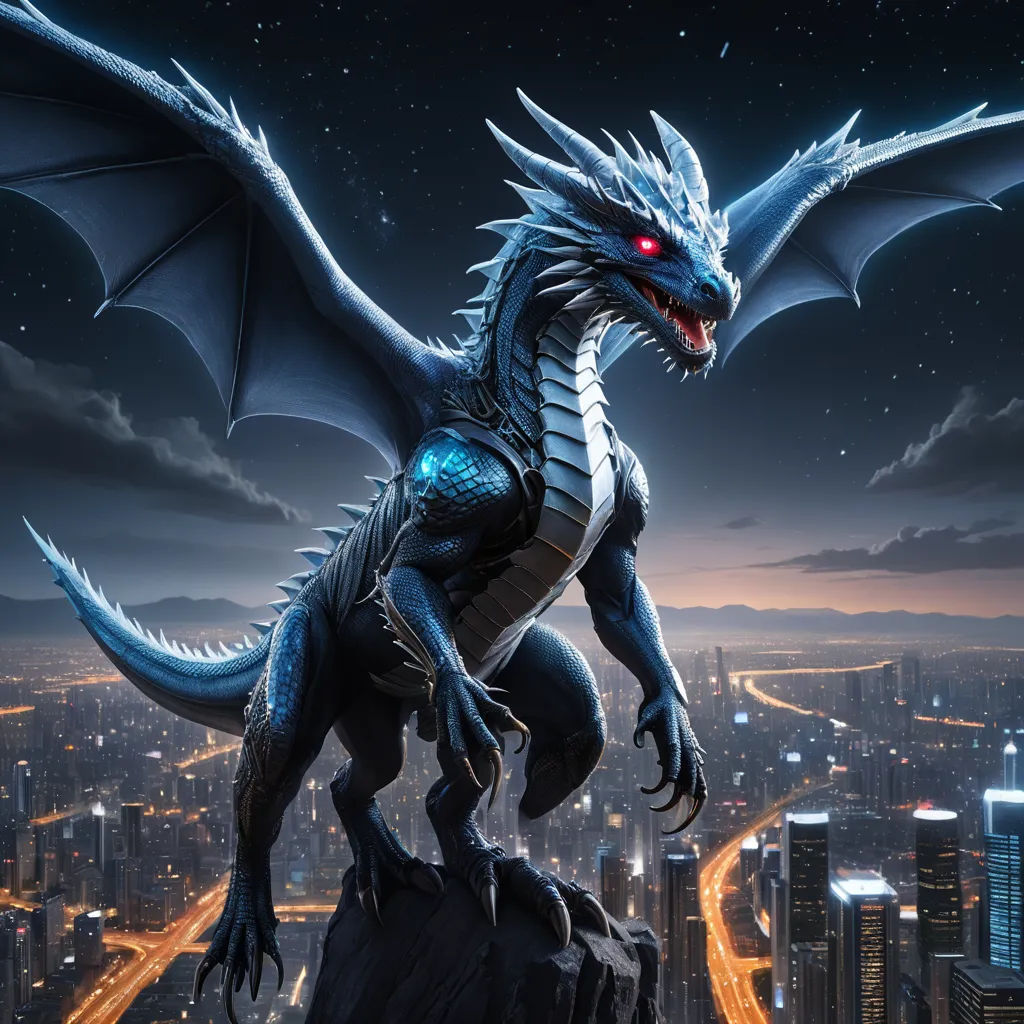 a dragon statue on top of a rock in a city at night with a cityscape in the background, fantasy art, a 3D render, Anne Stokes, dragon art