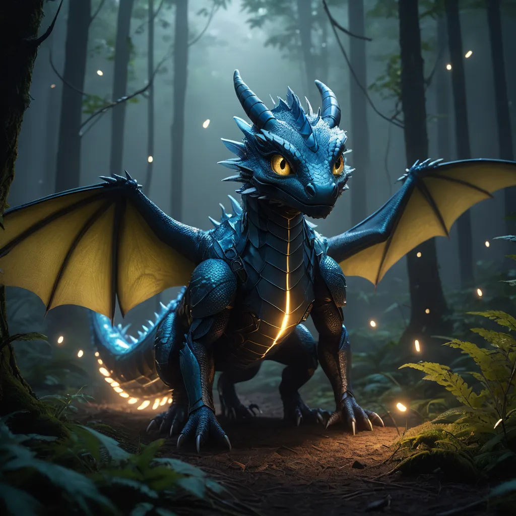a blue dragon with glowing eyes in a forest with trees and lights in the background, with a glowing tail, sots art, concept art, Cedric Seaut (Keos Masons), unreal engine 5 quality render
