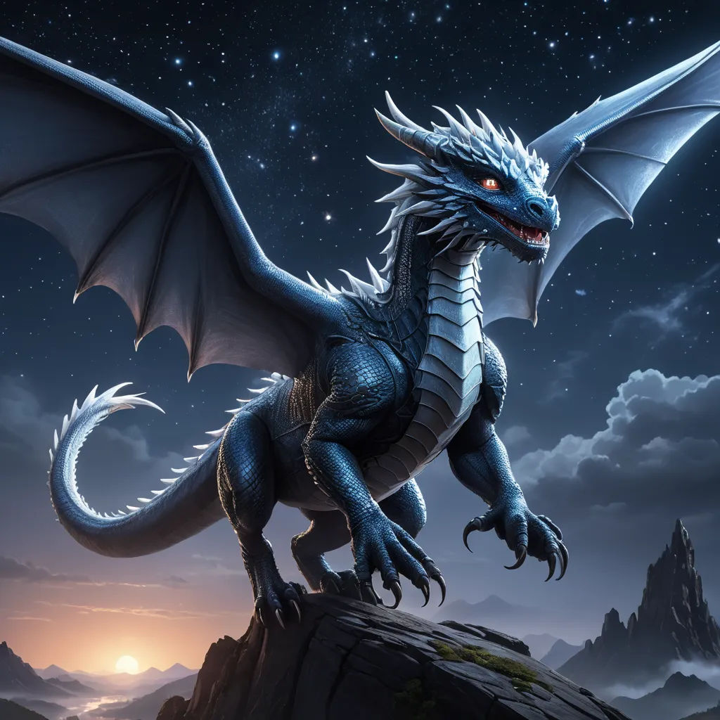 a dragon is standing on a rock in the night sky with stars above it and a mountain in the background, fantasy art, concept art, Anne Stokes, dragon art