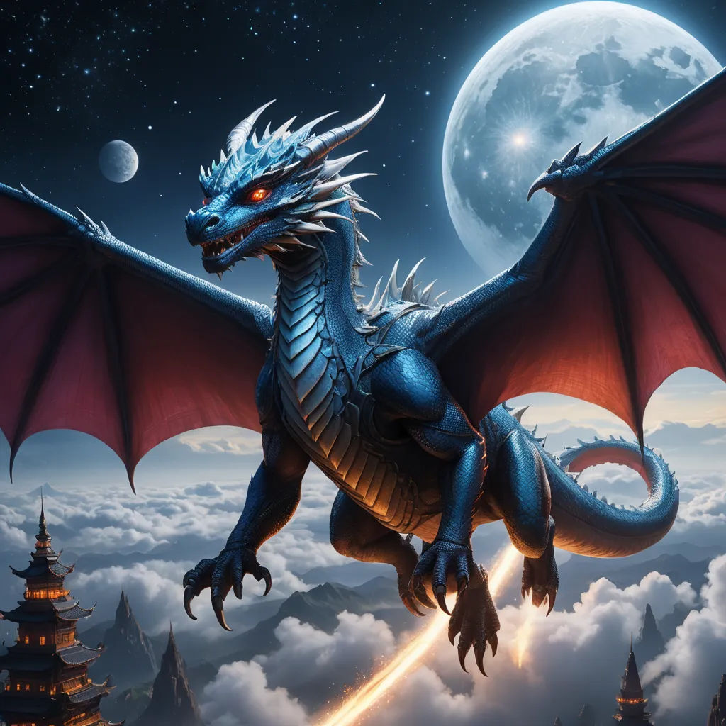 a dragon flying over a city with a full moon in the background and clouds below it, with a castle in the foreground, fantasy art, an airbrush painting, Anne Stokes, dragon art