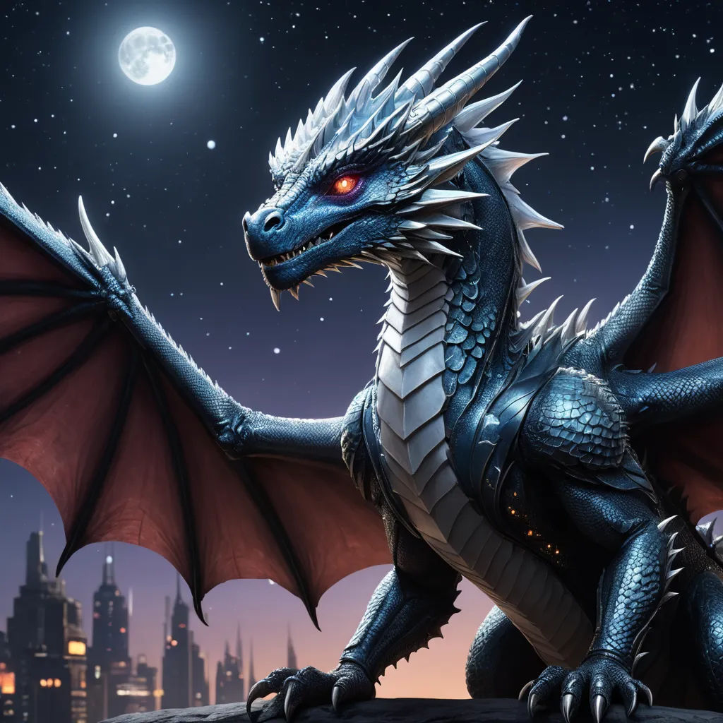 a dragon with red eyes sitting on a rock in front of a city at night with a full moon, fantasy art, a 3D render, Anne Stokes, dragon art