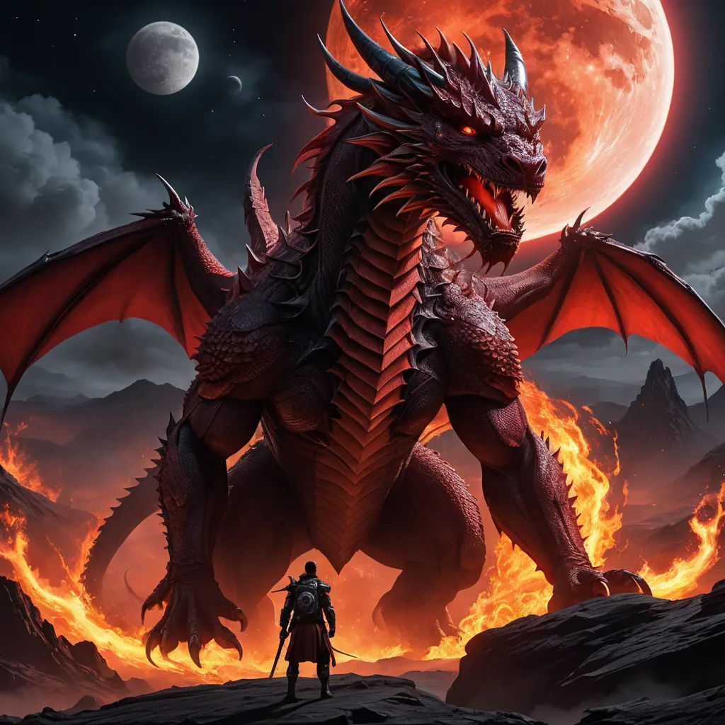 a dragon standing in front of a man on a mountain with a full moon in the background and a red moon in the sky, fantasy art, concept art, Anne Stokes, dragon art