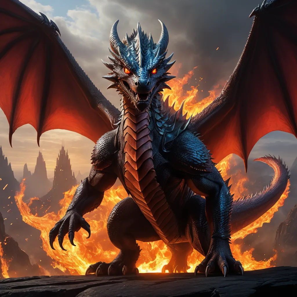 a dragon with red wings standing in front of a fire filled sky with flames and clouds behind it,, sots art, concept art, Clint Cearley, dragon art