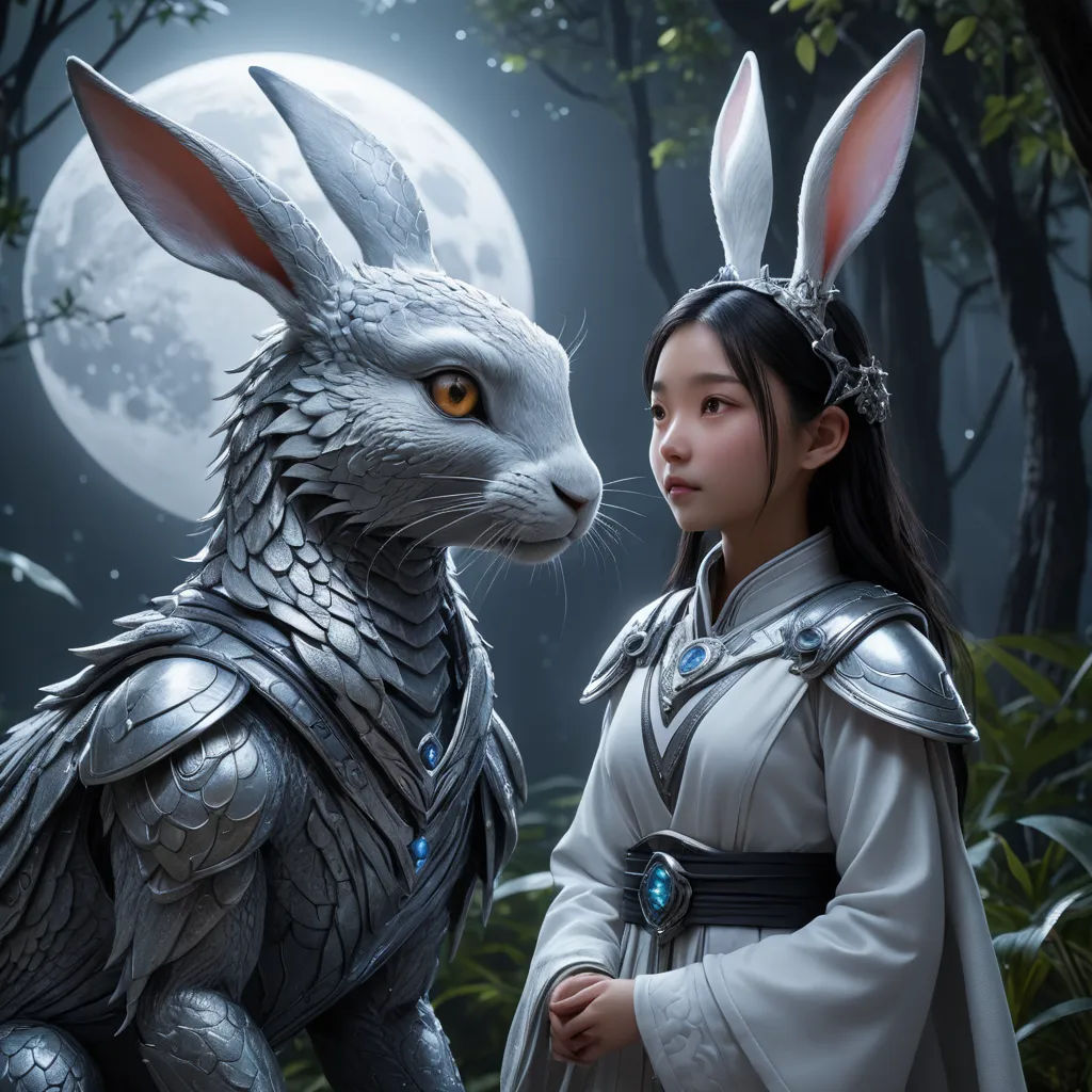 a woman standing next to a white rabbit in a forest with a full moon behind her and a full moon behind her, fantasy art, a character portrait, Fan Qi, rossdraws global illumination