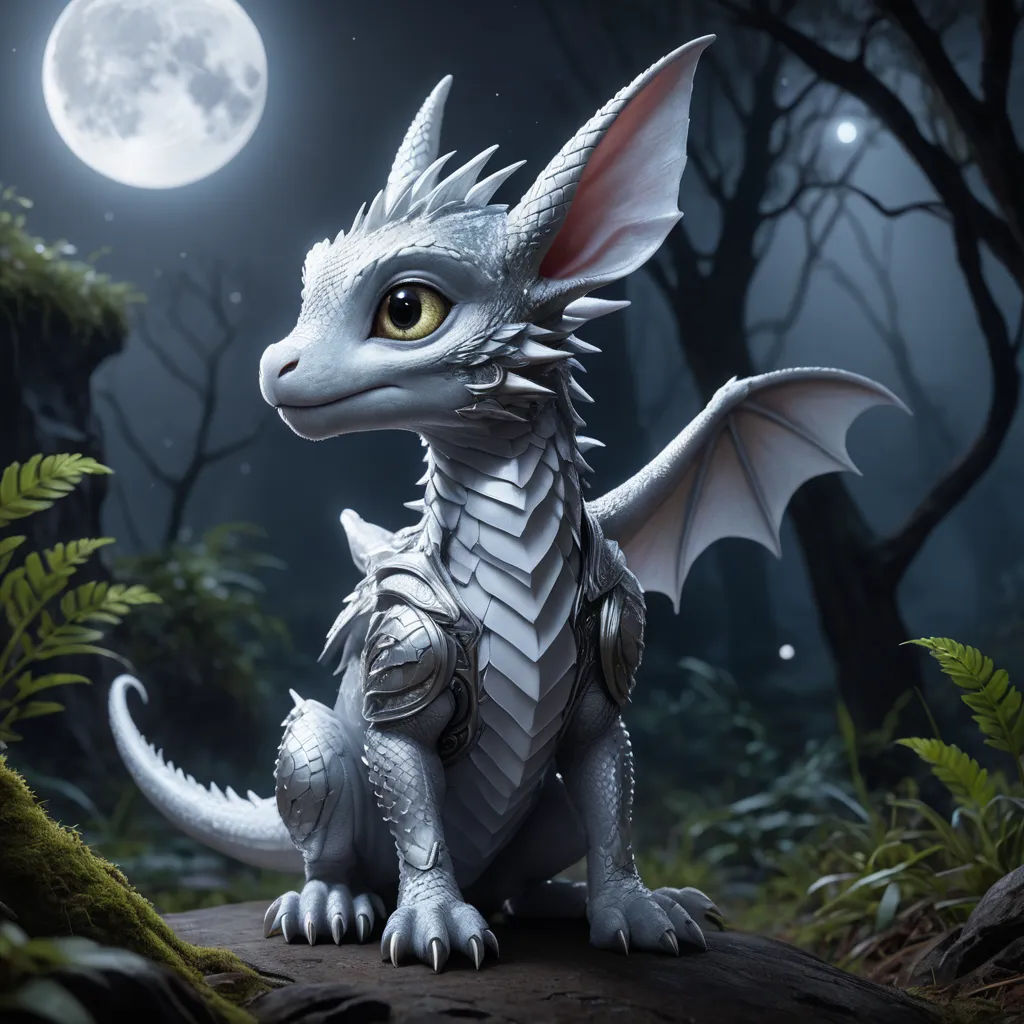 a white dragon sitting on a rock in the woods with a full moon in the background and a full moon in the sky, sots art, an ambient occlusion render, Abidin Dino, unreal engine 5 quality render