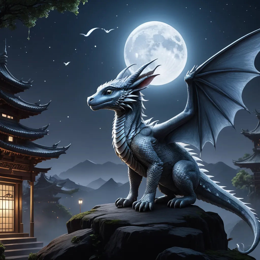 a dragon statue sitting on top of a rock near a building at night with a full moon in the background, fantasy art, concept art, Clint Cearley, dragon art