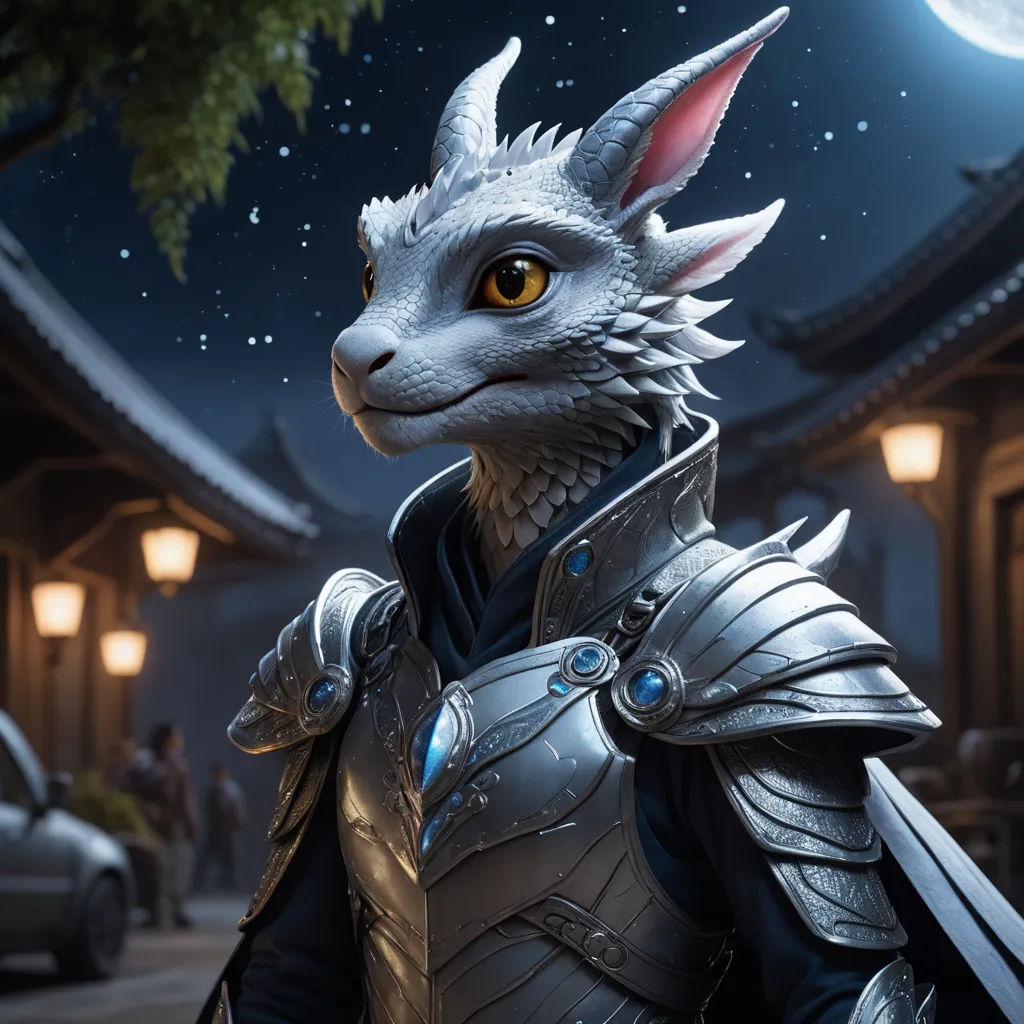 a cat dressed in armor standing in front of a building at night with a full moon in the background, furry art, a character portrait, Clint Cearley, unreal engine 5 quality render