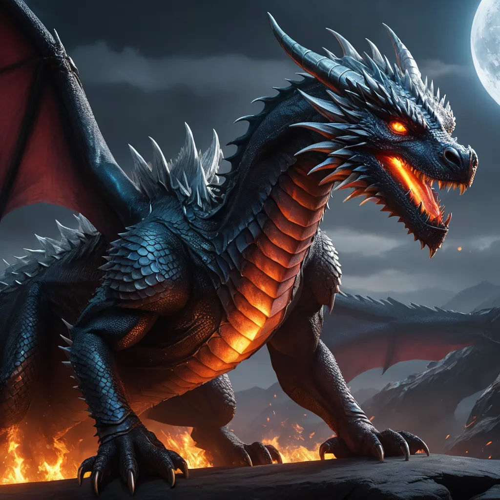 a dragon with glowing eyes and a red nose is standing in front of a full moon and a mountain, fantasy art, concept art, Anne Stokes, dragon art