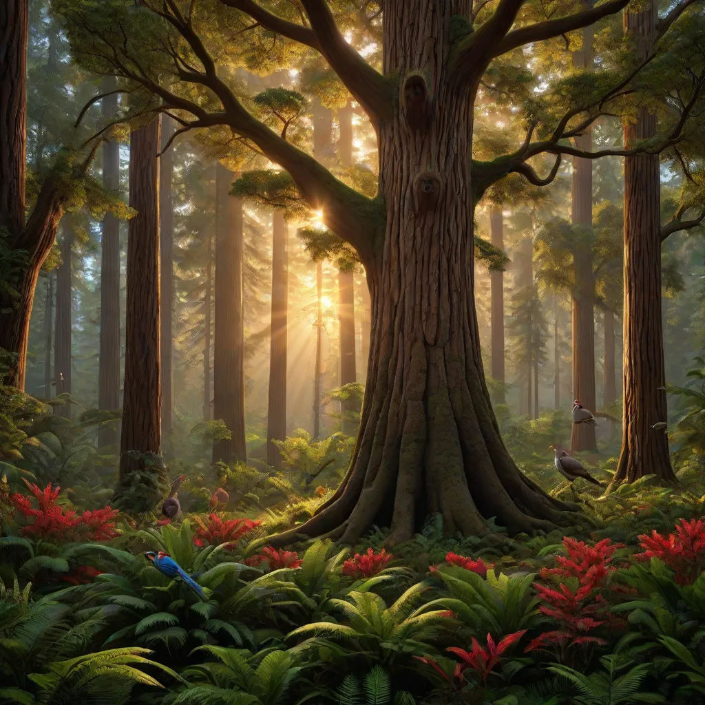 a painting of a forest with a large tree and a bird in the distance with a bird in the foreground, a detailed matte painting, Chris LaBrooy, fantasy art, matte painting