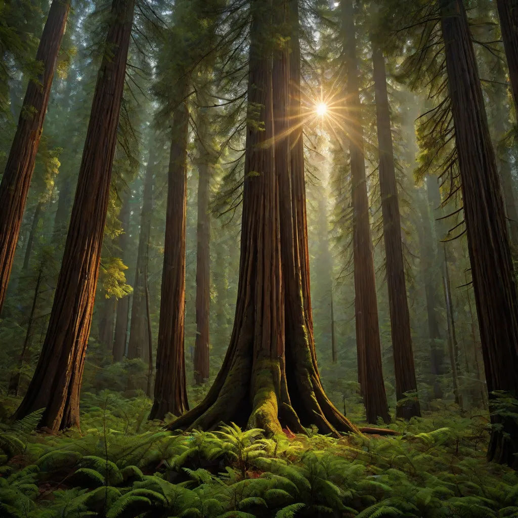 a forest with a sun shining through the trees and ferns on the ground and on the ground, and on the ground, a large tree with a lot of green leaves and a, a detailed matte painting, David Martin, naturalism, forest