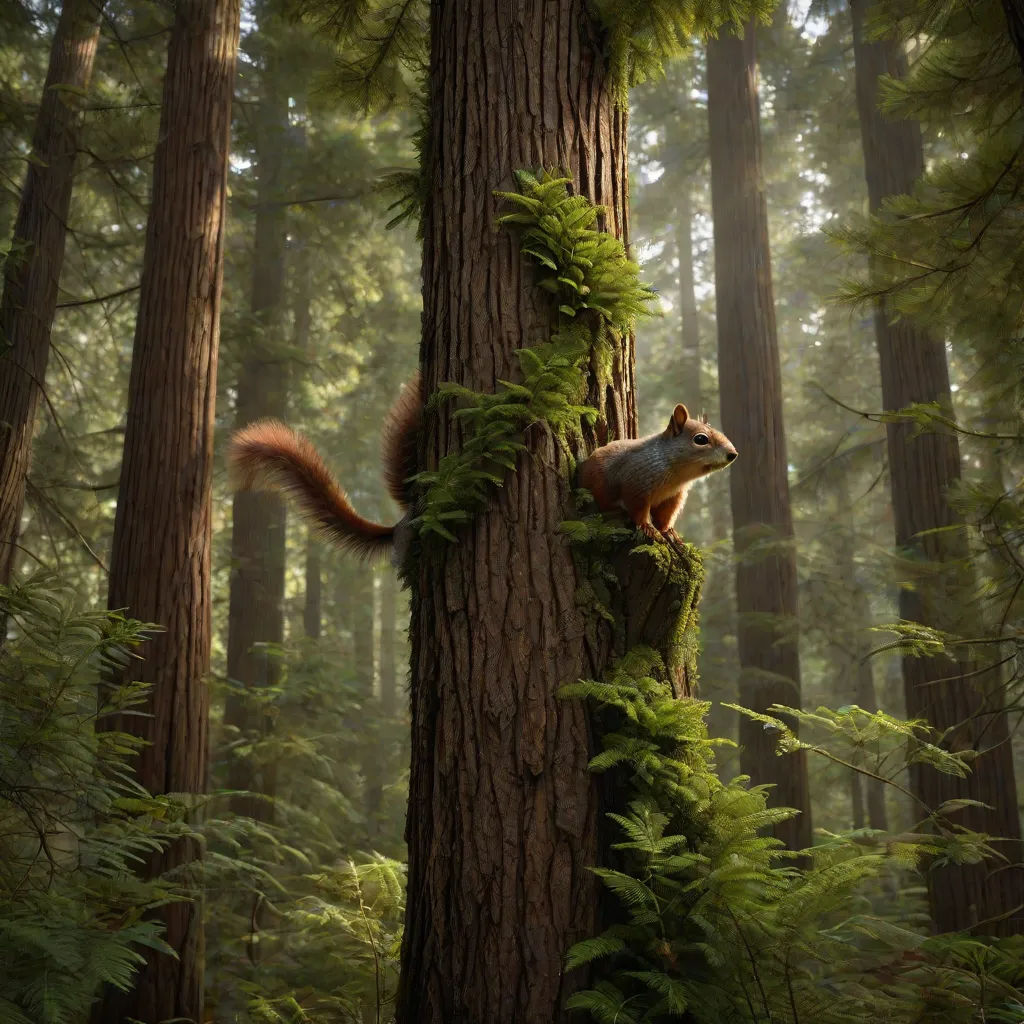 a squirrel climbing up a tree in a forest with ferns on it's trunk and a squirrel on the tree, a detailed matte painting, Chris LaBrooy, photorealism, photoreal