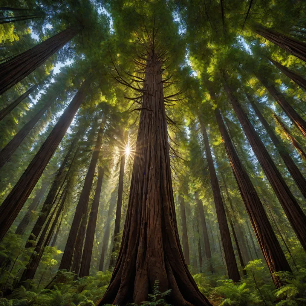 a large tree in a forest with the sun shining through the trees and the leaves on the ground below, a matte painting, David Martin, naturalism, trees